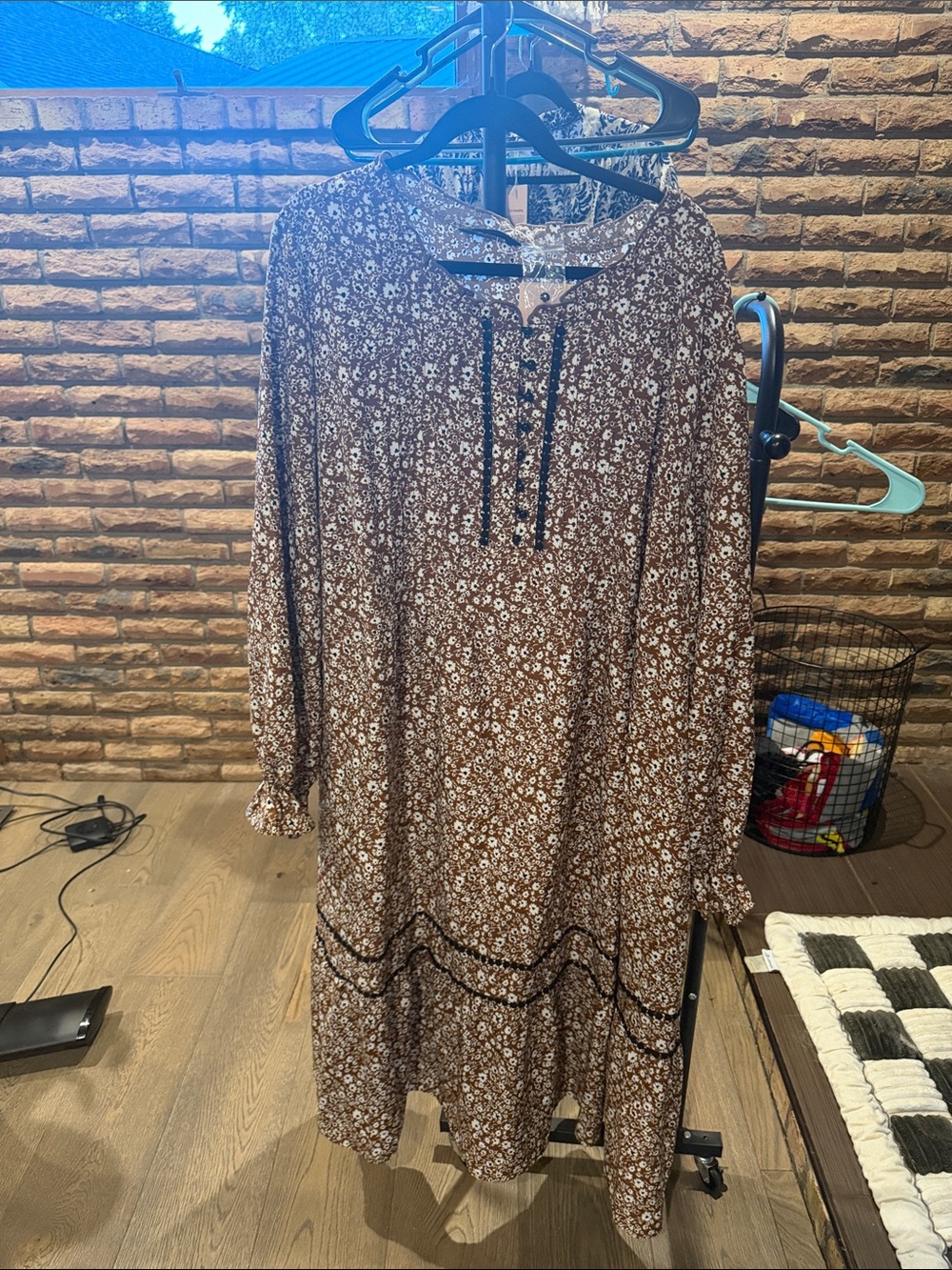 BloomChic Brown Floral Long Sleeve Tiered Midi Dress